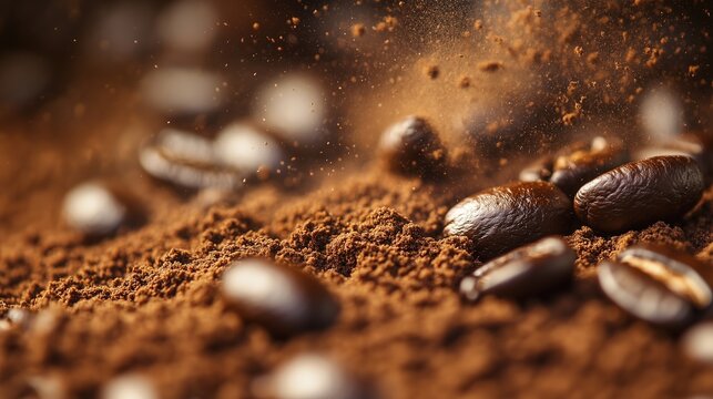A macro image of coffee beans and ground coffee, used for various coffee-related scene designs.