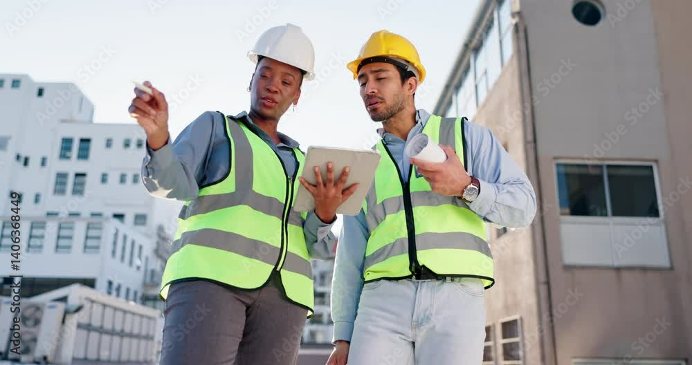 Leinwandbilder engineering, tablet and contractor with people in city for project management, digital blueprint and