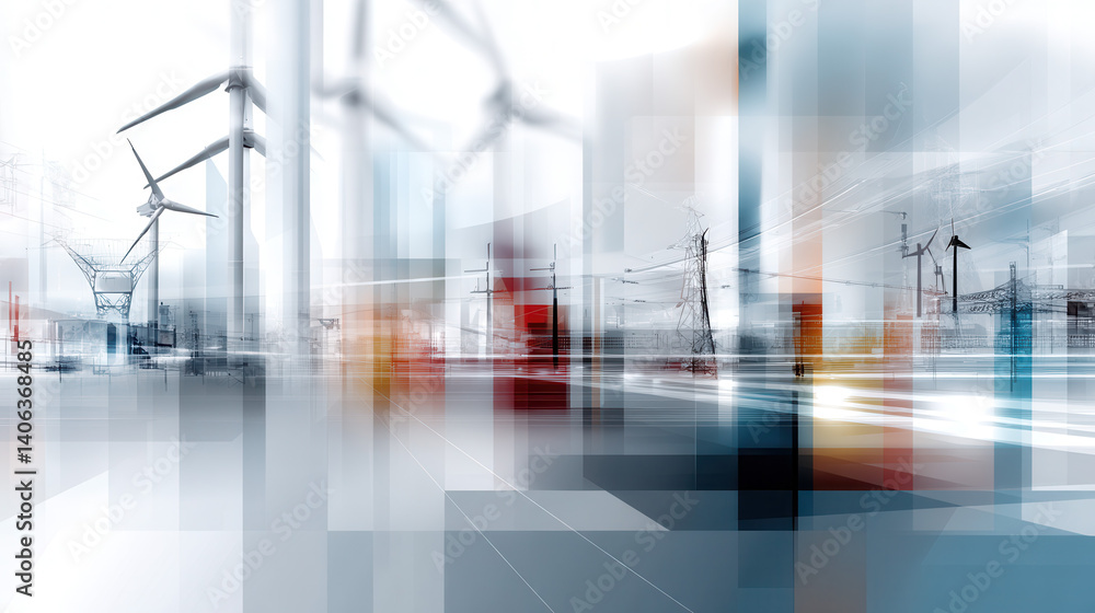 Poster modern style hybrid energy schematic with wind turbines and power lines in futuristic abstract backg