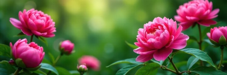 Obraz premium Vibrant peony blooms surround lush greenery in a natural setting, floral arrangement, nature illustration