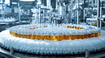 Automated liquid filling process in a factory.  Many small bottles of amber liquid on a conveyor belt, chilled