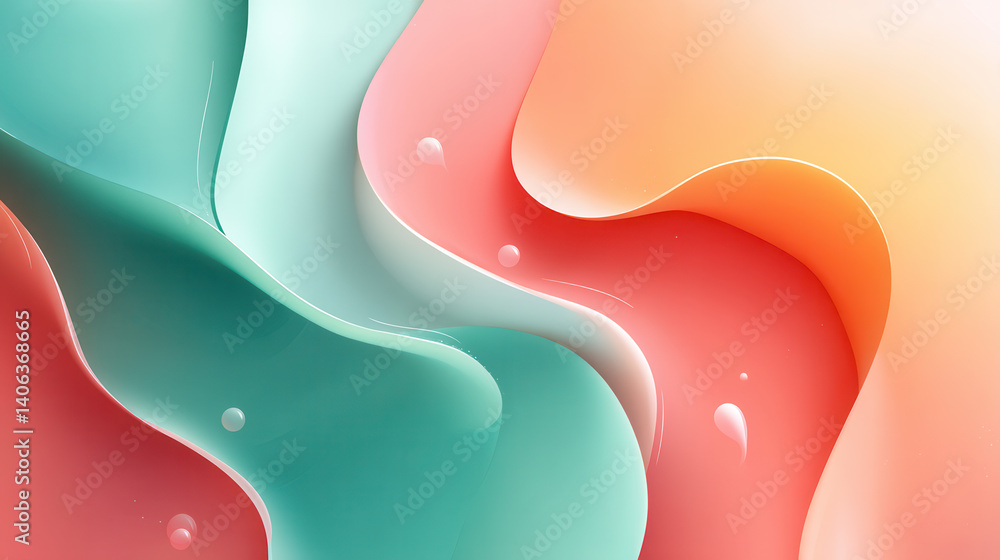 Poster abstract pastel gradient background with smooth flowing curves and glossy textures, evoking serene a