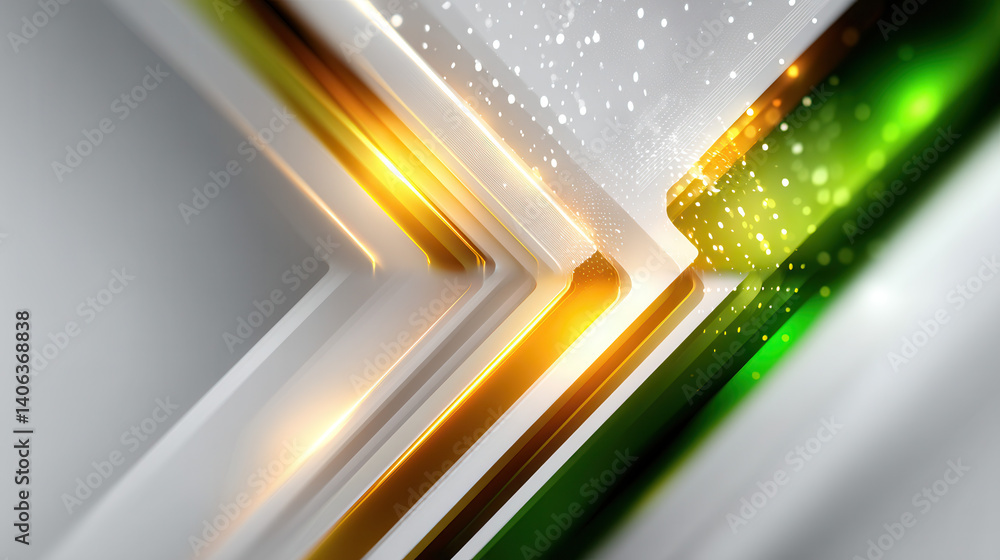 Poster abstract design with glowing green, gold, and white geometric shapes and sparkles, creating modern a