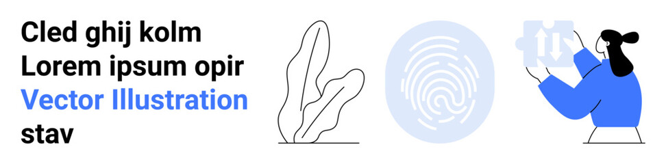 Abstract plant, fingerprint icon, and woman holding tablet symbolize data, security, and analysis. Ideal for technology, innovation, analysis, security creativity education simple landing page