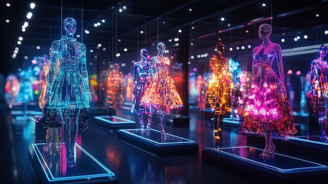 A virtual fashion show with avatars modeling glowing holographic outfits