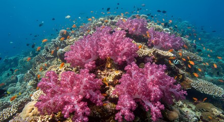 Fototapeta premium Beautiful underwater scene showing a thriving coral reef ecosystem teeming with marine life.