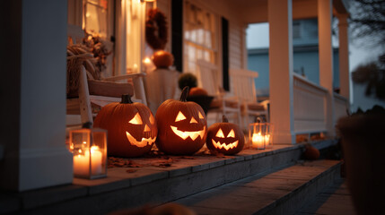 Obraz premium Halloween pumpkins on porch jack o lanterns glowing candles autumn seasonal home decor spooky holiday night