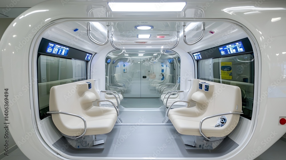 Poster a modern high speed monorail passenger cabin featuring sleek seating curved handrails and a bright i