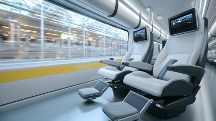 Naklejka premium A modern high end coach interior featuring comfortable reclining seats footrests individual multimedia screens and ambient mood lighting for a premium travel experience