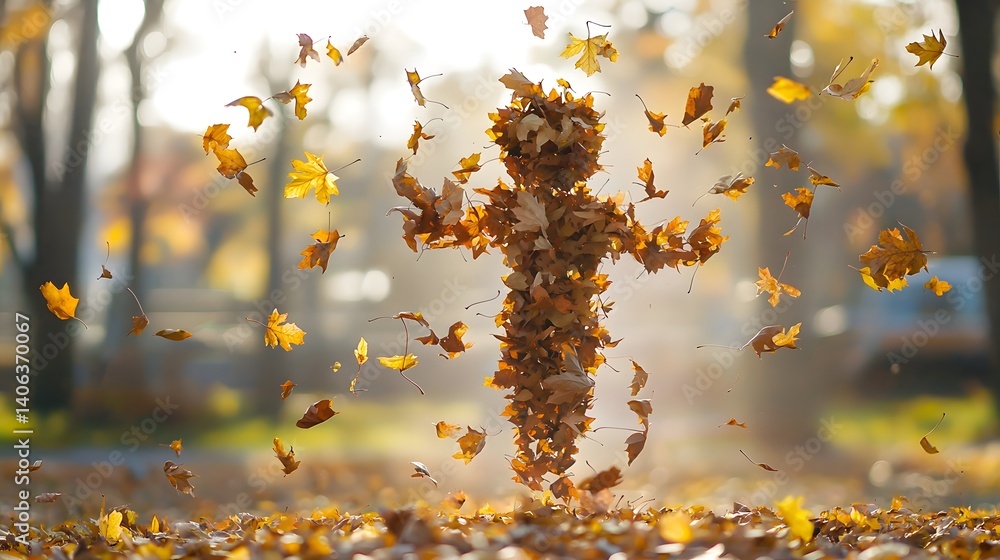 Poster a serene and ethereal image of autumn leaves swirling and coalescing to form the silhouette of a hum
