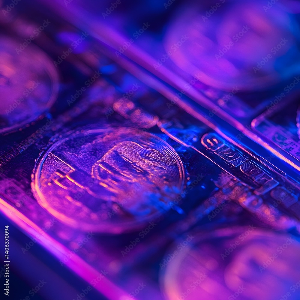 Poster A shot showcasing the intricate mesmerizing patterns and textures of money and coins under the glow of ultraviolet light symbolizing the examination of financial security and fraud detection