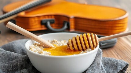 Fototapeta premium A serene and comforting scene of a freshly prepared oatmeal bowl with a drizzle of honey set against the backdrop of a musician s violin case creating a harmonious and inviting atmosphere