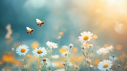 Buzzing bees in a vibrant field of wildflowers nature scene daylight serene atmosphere