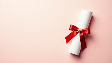 Elegant white diploma scroll tied with a red ribbon on a soft pink background, symbolizing achievement