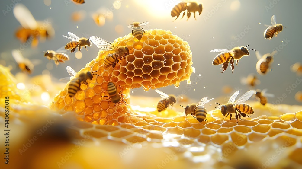 Poster A swarm of busy bees buzzing around a golden honeycomb highlighting the intricate patterns and structures that are vital to their ecosystem and to the production of honey