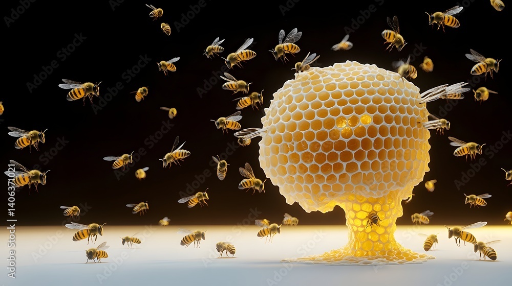 Poster A swarm of busy bees flying around a large intricate honeycomb structure made of golden hexagonal cells  The image captures the dynamic energy and natural productivity of the hive