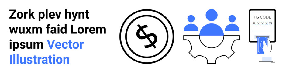 Currency sign within a circle, stylized group over gear, barcode scanner device. Ideal for finance, teamwork, automation, trade, logistics data management global commerce. Abstract line flat