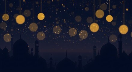 Naklejka premium Cityscape Silhouette at Night with Bokeh Lights Overhead