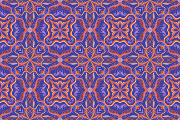 Ornate Persian Violet Tangerine Ethnic Seamless Pattern Floral Fantasy Tile for Fabric, Wallpaper, or Interior Decor