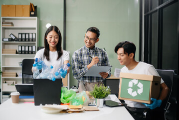 Eco-friendly teamwork with this office recycling scene. Perfect for showcasing sustainability,...