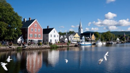 Fototapeta premium Waterfront buildings and flying birds landscape scenic architecture clear sky reflection serene