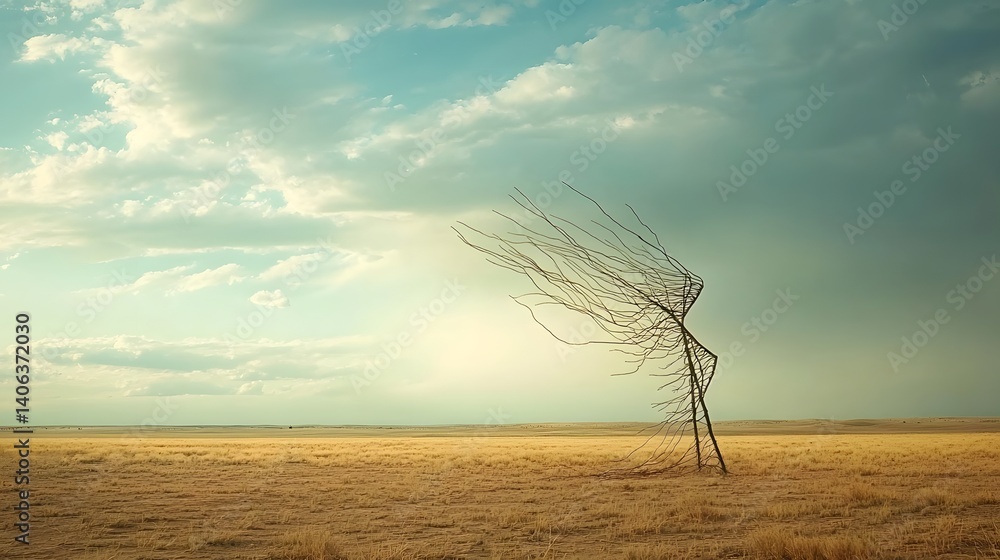 Poster A wispy ethereal figure appears to be formed by the gusts of wind blowing across the vast arid landscape its shape barely holding together before dissipating into the open sky