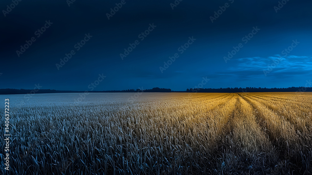 Poster a lone individual navigates a winding path through a vast golden wheat field under a dramatic evenin
