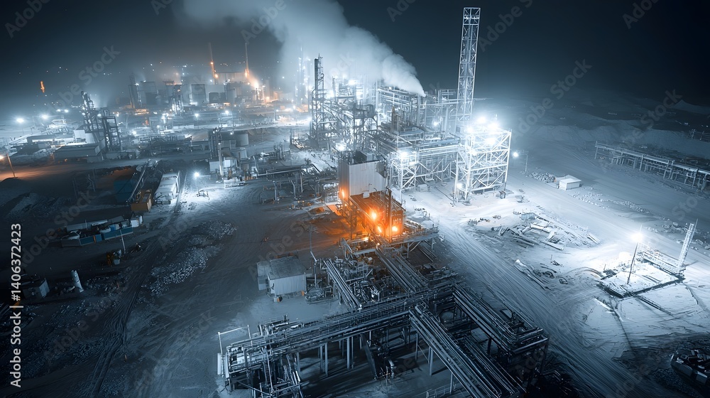Poster Aerial infrared drone photograph capturing the intense activity and heat signatures of an extensive industrial complex operating at night with various structures pipes tanks