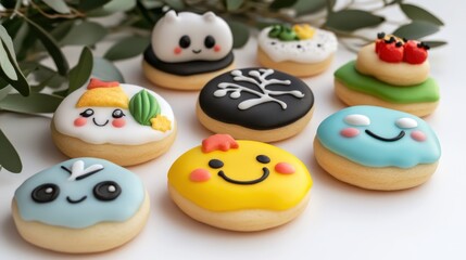 Obraz premium Colorful and Adorable Decorated Cookies with Cute Faces and Fun Designs on a Light Background