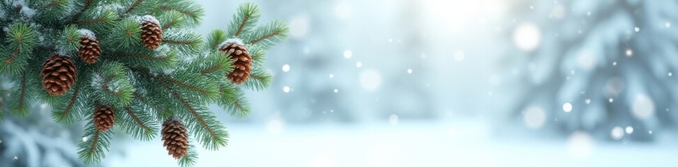 Dense fir branches intertwined with pine cones against a snowy winter background, foliage, winter, snow