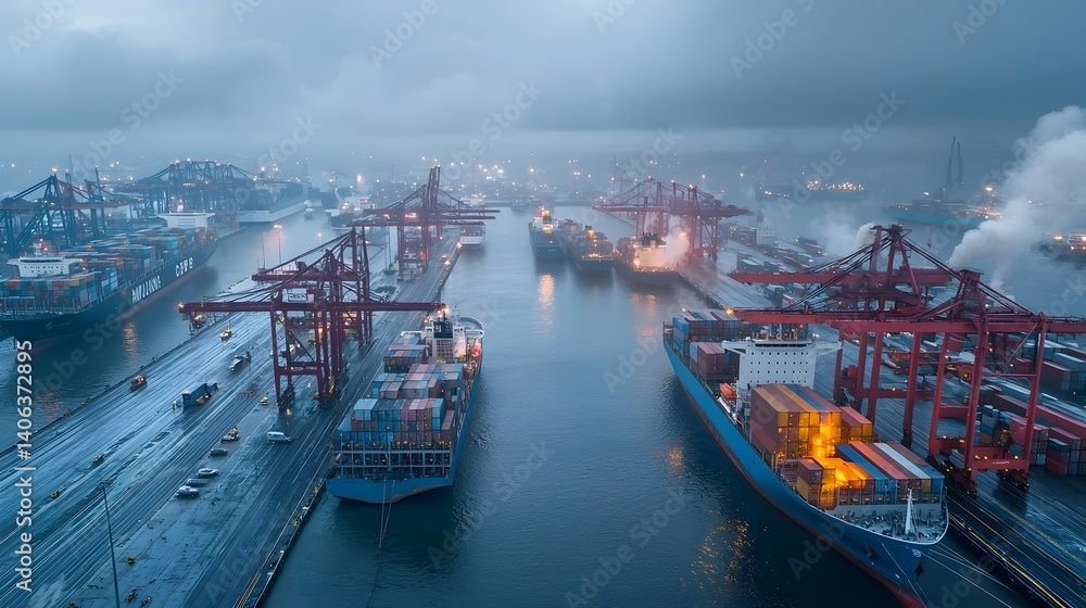 Leinwandbilder aerial thermal view of a busy harbor at dusk showcasing the scale and activity of cargo ships contai