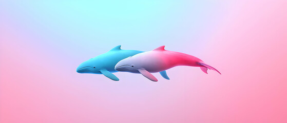 Two Pixelated Whales Swimming In A Gradient Blue And Pink Background Digital Art 3D Rendering