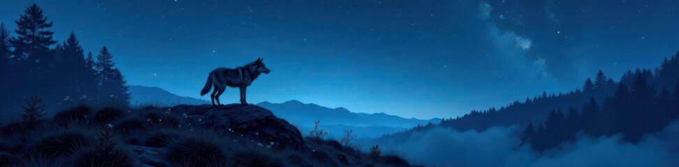Fototapeta premium A solitary wolf stands atop a hill in the darkness of the forest, its mournful cry echoing through the stillness under a starry night sky , night, landscape