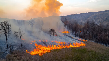 Fototapeta premium Aerial view of a powerful wildfire burning through a densely forested area captured by a thermal drone that highlights the contrast between the intense flames and the cooler surrounding environment