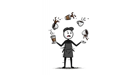 Stick Figure Juggling Coffee Cups with Spills Illustration