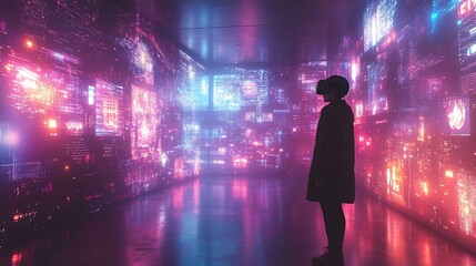 A person exploring a glowing VR museum filled with interactive digital exhibits