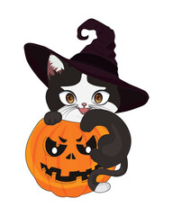 Witch Black Cat With And Pumpkin Hat Halloween Vector