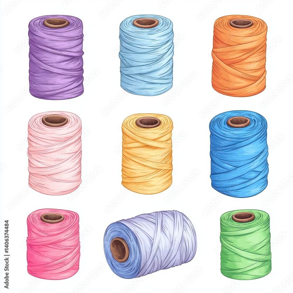 Poster a vibrant array of colorful thread spools arranged in a grid, showcasing various pastel shades ideal