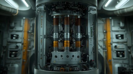 Cinematic close up of the intricate hydraulic piston mechanisms inside the nacelle of a wind turbine illuminated by industrial lighting creating a futuristic high tech ambiance