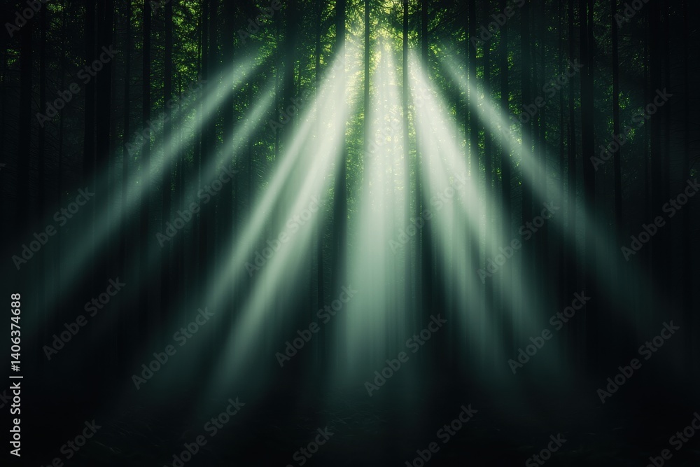 Poster a serene forest scene with soft rays of light filtering through the trees, creating an ethereal atmo