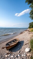 Fototapeta premium Weathered boat on beach serene coastline scene