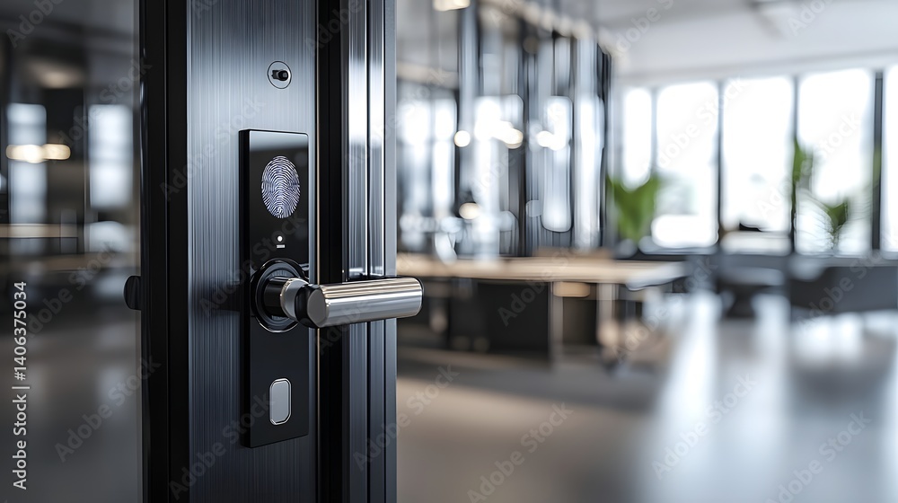 Poster Close up view of a fingerprint scanner installed on a sleek modern door allowing secure access control and authentication