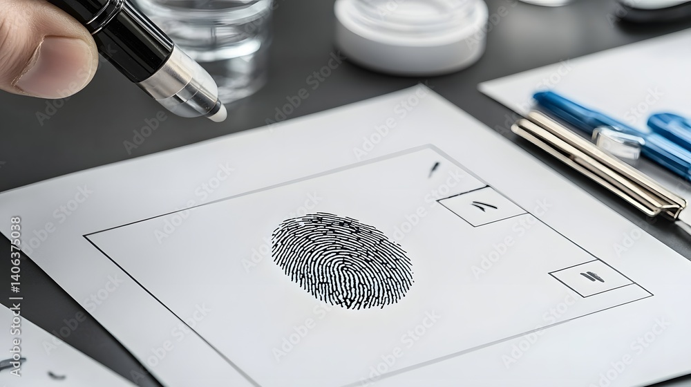 Poster Close up view of a fingerprint being taken with ink on paper symbolizing the process of forensic investigation and crime scene analysis