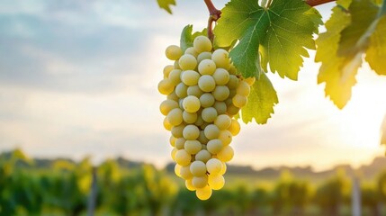 Fototapeta premium Close-up of Green Grapes Hanging from Vine with Sunlight and Lush Vineyard Background