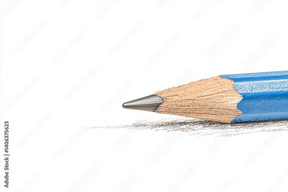 Poster a close-up view of a blue pencil with a sharpened tip, resting on a white surface, highlighting its 