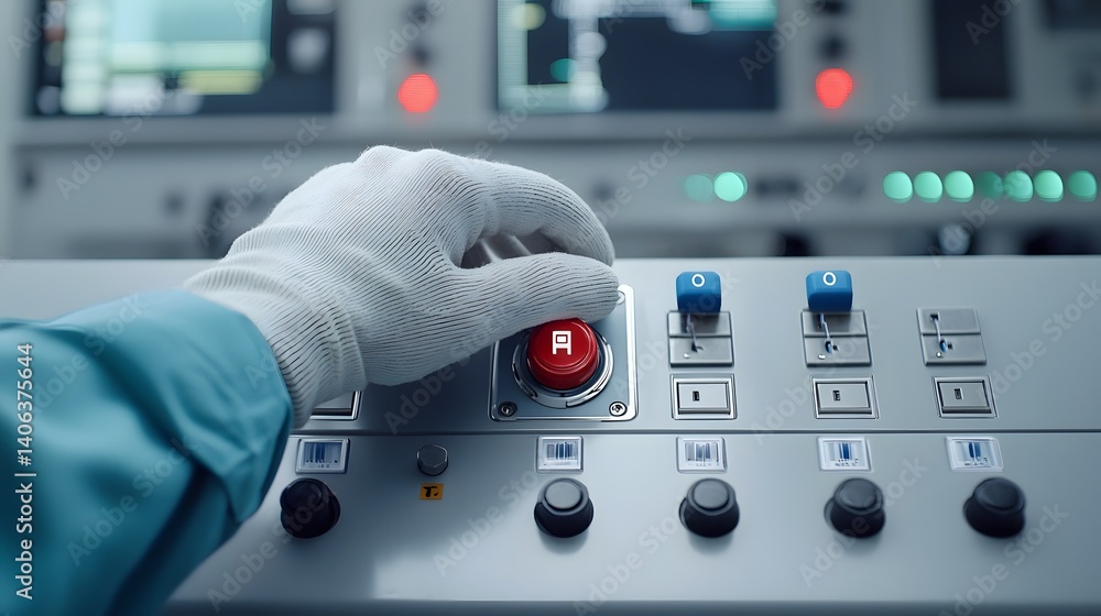 Poster Close up view of a worker s gloved hand reaching out to press the red emergency stop button on an industrial control panel surrounded by various digital displays knobs and switches