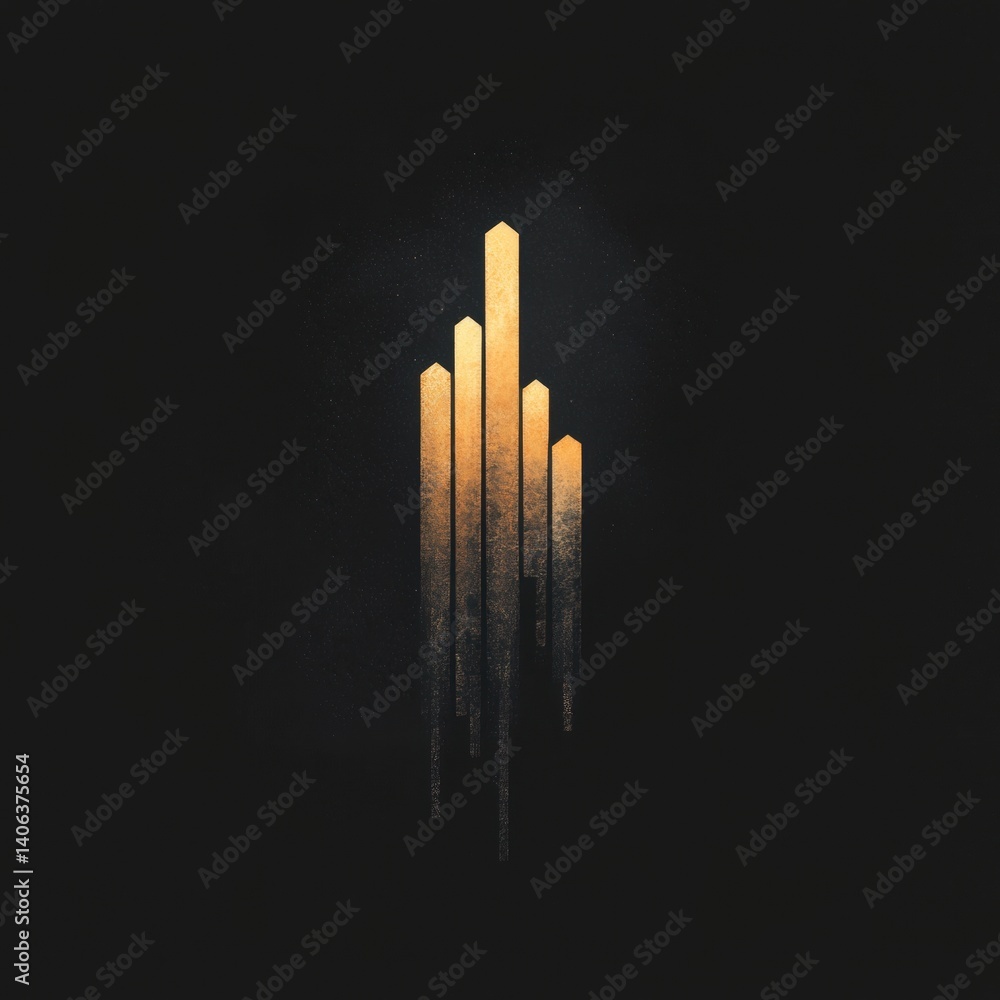 Poster a minimalist design featuring vertical lines that resemble tall structures, illuminated in a golden 