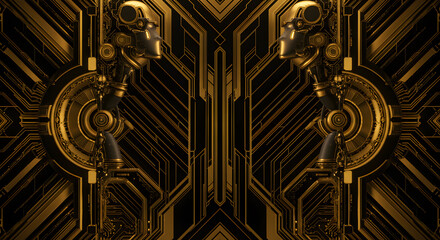 Golden Robotic Guardians: Symmetrical Art Deco Cyberpunk Design