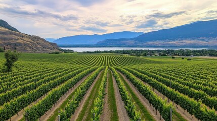 Lush Vineyard Landscape with Striking Rows of Grapevines Under a Blue Sky