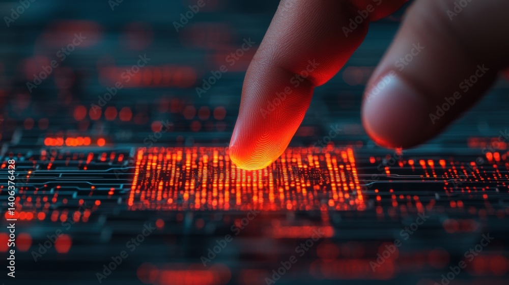 Poster a close-up image of a finger touching a glowing, red digital interface, symbolizing interaction with